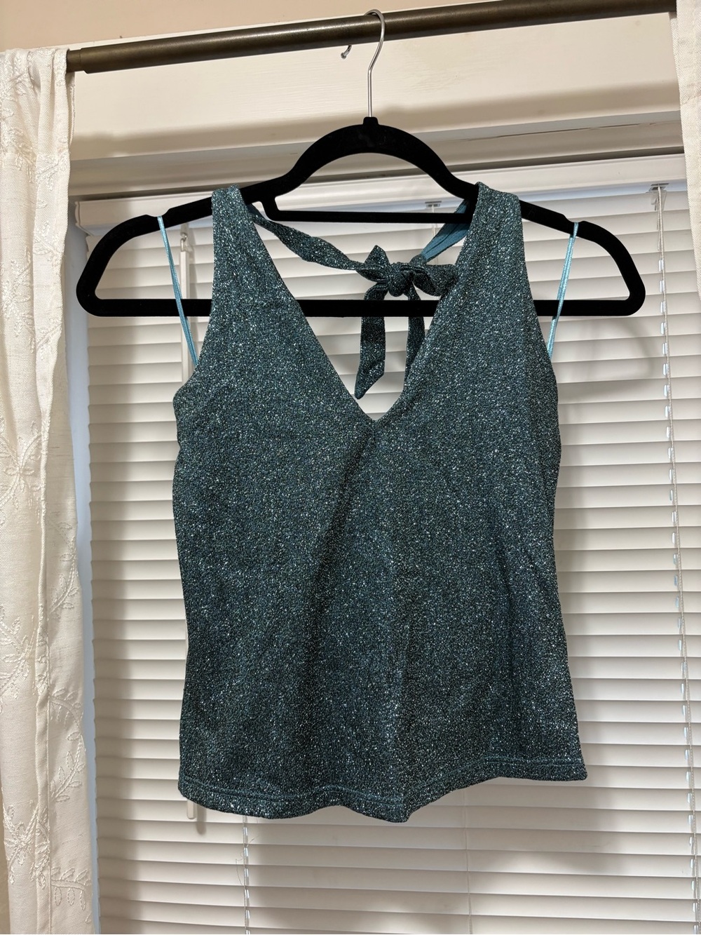 Top Shop Sparkle V-Neck Tie-Back Tank Top in Teal